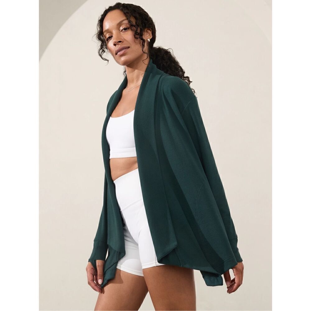 Athleta Womens Pranayama Dark Emerald Green Wrap Cardigan Sweater